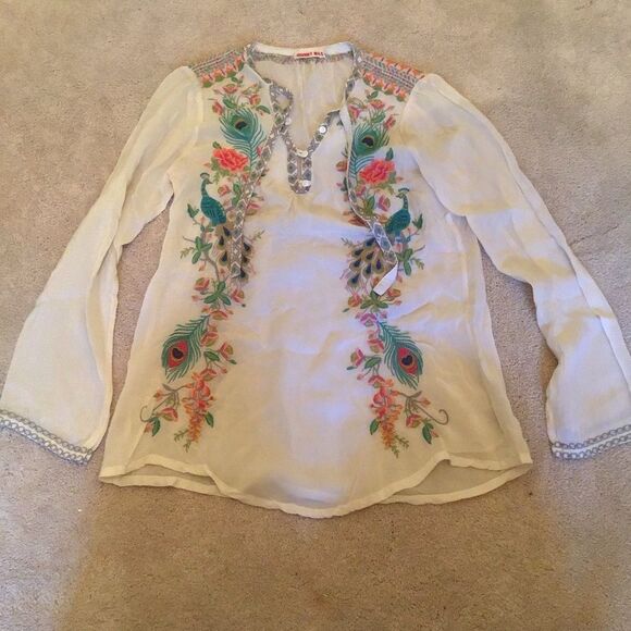 Johnny Was Peacock Sable Embroidered White Blouse with Floral Accents - Picture 5 of 9